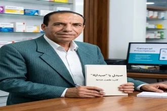 الصحفي والكاتب طلعت شناعة يمسك كتاب صيدلي يا صيدلية داخل صيدلية