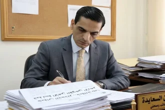الصحفي راكان السعايدة يكتب مقال الأمن القومي الأردني خط أحمر بتركيز داخل مكتبه أمام أوراقه.