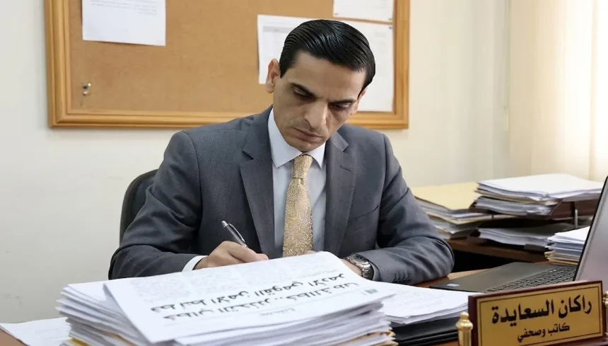 الصحفي راكان السعايدة يكتب مقال الأمن القومي الأردني خط أحمر بتركيز داخل مكتبه أمام أوراقه.