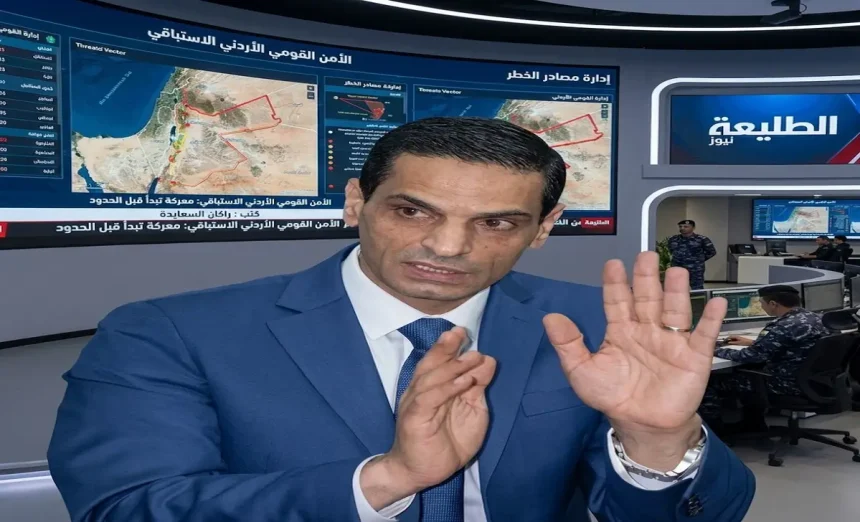 الكاتب والمحلل الأردني راكان السعايدة أثناء حديثه عن استراتيجية الأمن القومي الأردني الاستباقي أمام شاشات عرض تحليلية لصحيفة الطليعة نيوز.
