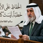 لقطة مقربة للأمير عبد الله بن الحسين (المؤسس) عام 1933 في غور الأغوار، يرتدي شماغاً أبيض ועقالاً وبشتاً غامقاً، ممسكاً بورقة خطبة الجمعة ويقف خلف منبر خشبي منحوت، مع تظليل جزئي للوجه يظهر ملامح الجدية.