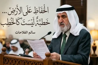 لقطة مقربة للأمير عبد الله بن الحسين (المؤسس) عام 1933 في غور الأغوار، يرتدي شماغاً أبيض ועقالاً وبشتاً غامقاً، ممسكاً بورقة خطبة الجمعة ويقف خلف منبر خشبي منحوت، مع تظليل جزئي للوجه يظهر ملامح الجدية.