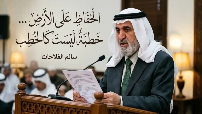 لقطة مقربة للأمير عبد الله بن الحسين (المؤسس) عام 1933 في غور الأغوار، يرتدي شماغاً أبيض ועقالاً وبشتاً غامقاً، ممسكاً بورقة خطبة الجمعة ويقف خلف منبر خشبي منحوت، مع تظليل جزئي للوجه يظهر ملامح الجدية.