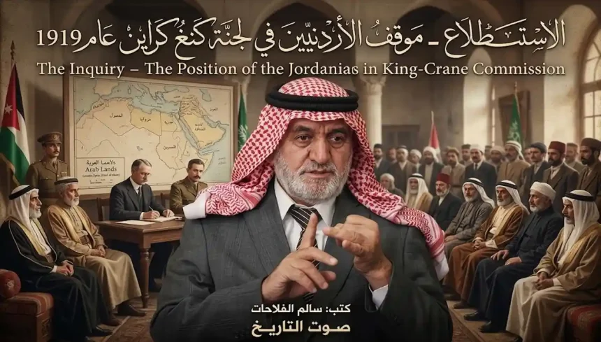 سالم الفلاحات يتحدث خلف خلفية تاريخية تعبر عن موقف الأردنيين في لجنة كينغ كراين عام 1919.