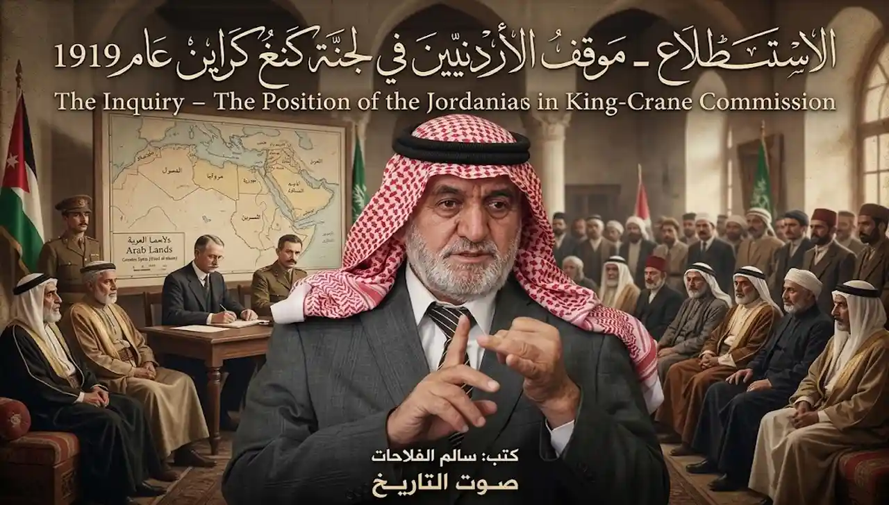 سالم الفلاحات يتحدث خلف خلفية تاريخية تعبر عن موقف الأردنيين في لجنة كينغ كراين عام 1919.