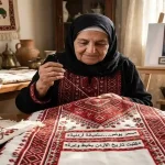 الدكتور علي الفريحات يجلس خلف مكتبه وأمامه العلم الأردني كاتباً عن كتاب سمر يونس والتراث الأردني.