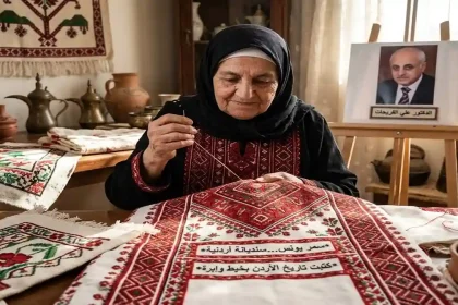 الدكتور علي الفريحات يجلس خلف مكتبه وأمامه العلم الأردني كاتباً عن كتاب سمر يونس والتراث الأردني.