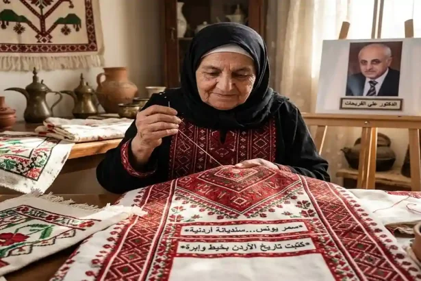الدكتور علي الفريحات يجلس خلف مكتبه وأمامه العلم الأردني كاتباً عن كتاب سمر يونس والتراث الأردني.