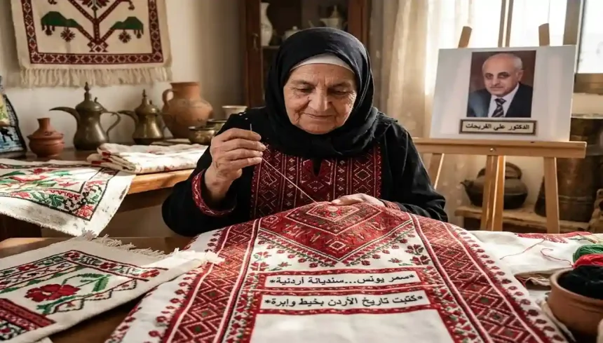 الدكتور علي الفريحات يجلس خلف مكتبه وأمامه العلم الأردني كاتباً عن كتاب سمر يونس والتراث الأردني.