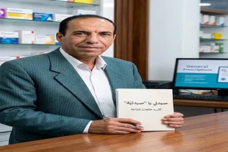 الصحفي والكاتب طلعت شناعة يمسك كتاب صيدلي يا صيدلية داخل صيدلية