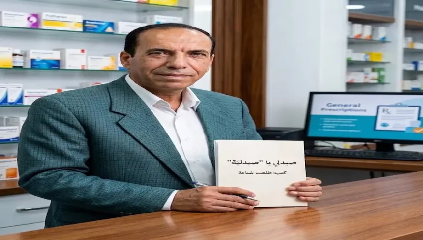 الصحفي والكاتب طلعت شناعة يمسك كتاب صيدلي يا صيدلية داخل صيدلية