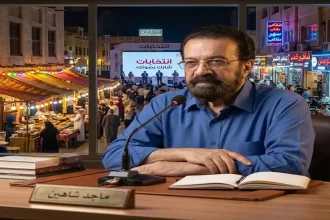 رجل بذقن خفيفة ويرتدي قميصاً أزرق يجلس خلف مكتب وأمامه ميكروفون ولوحة اسم مكتوب عليها "ماجد شاهين"، وخلفه نافذة مطلة على شارع وحدث انتخابي.