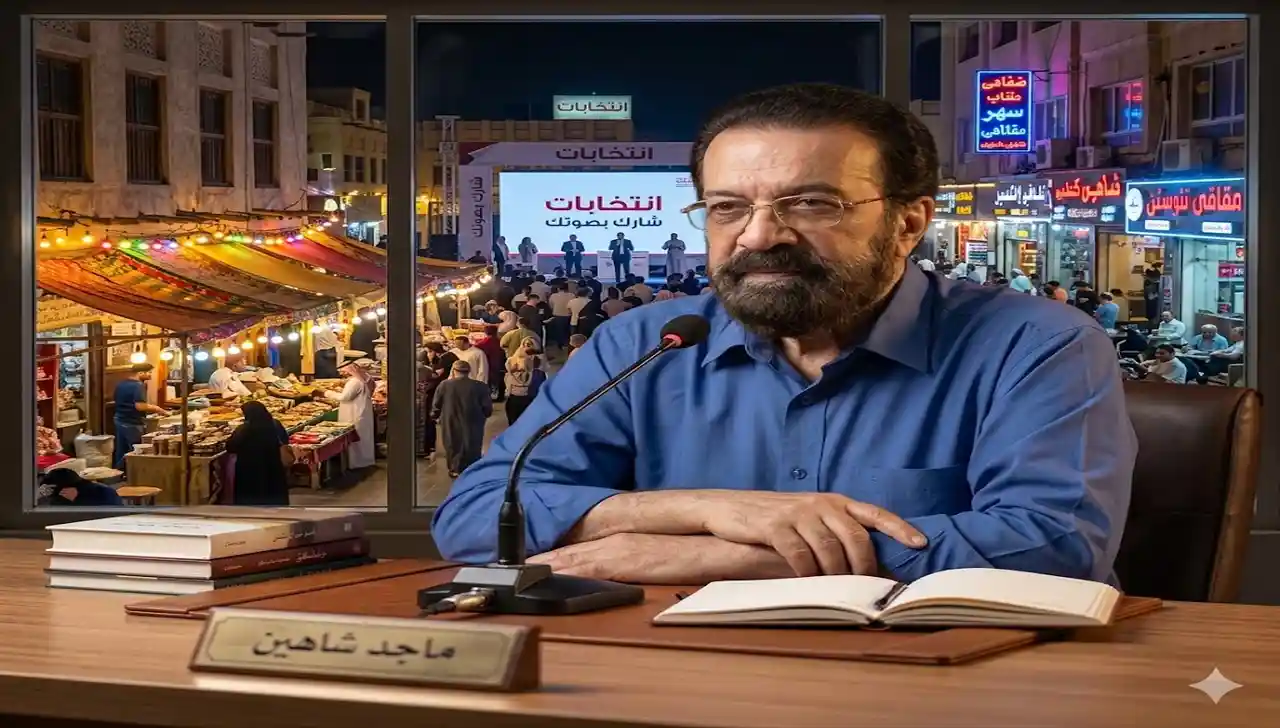 رجل بذقن خفيفة ويرتدي قميصاً أزرق يجلس خلف مكتب وأمامه ميكروفون ولوحة اسم مكتوب عليها "ماجد شاهين"، وخلفه نافذة مطلة على شارع وحدث انتخابي.