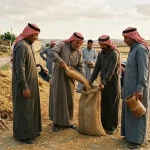مجموعة مزارعين بالزي التراثي حول كومة القمح أثناء الكيل بالصاع الخشبي وتعبئة أكياس الخيش على البيدر.