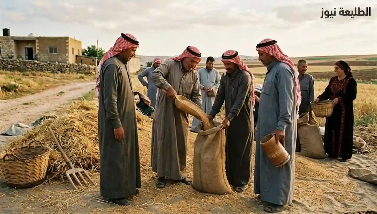 مجموعة مزارعين بالزي التراثي حول كومة القمح أثناء الكيل بالصاع الخشبي وتعبئة أكياس الخيش على البيدر.