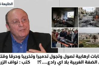 رجل ينظر للأمام ويتحدث وبجانبه 4 صور لسيارات ومبانٍ محترقة وجريح على حمالة، وتحتهم عنوان مقال بالأسود.