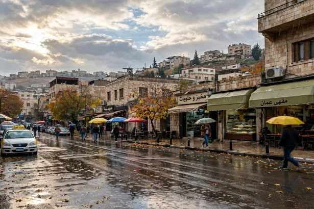 طقس الأردن اليوم لطيف مع هطول أمطار خفيفة في شوارع عمان حيث يحمل المارة مظلات ملونة بأجواء غائمة حلو