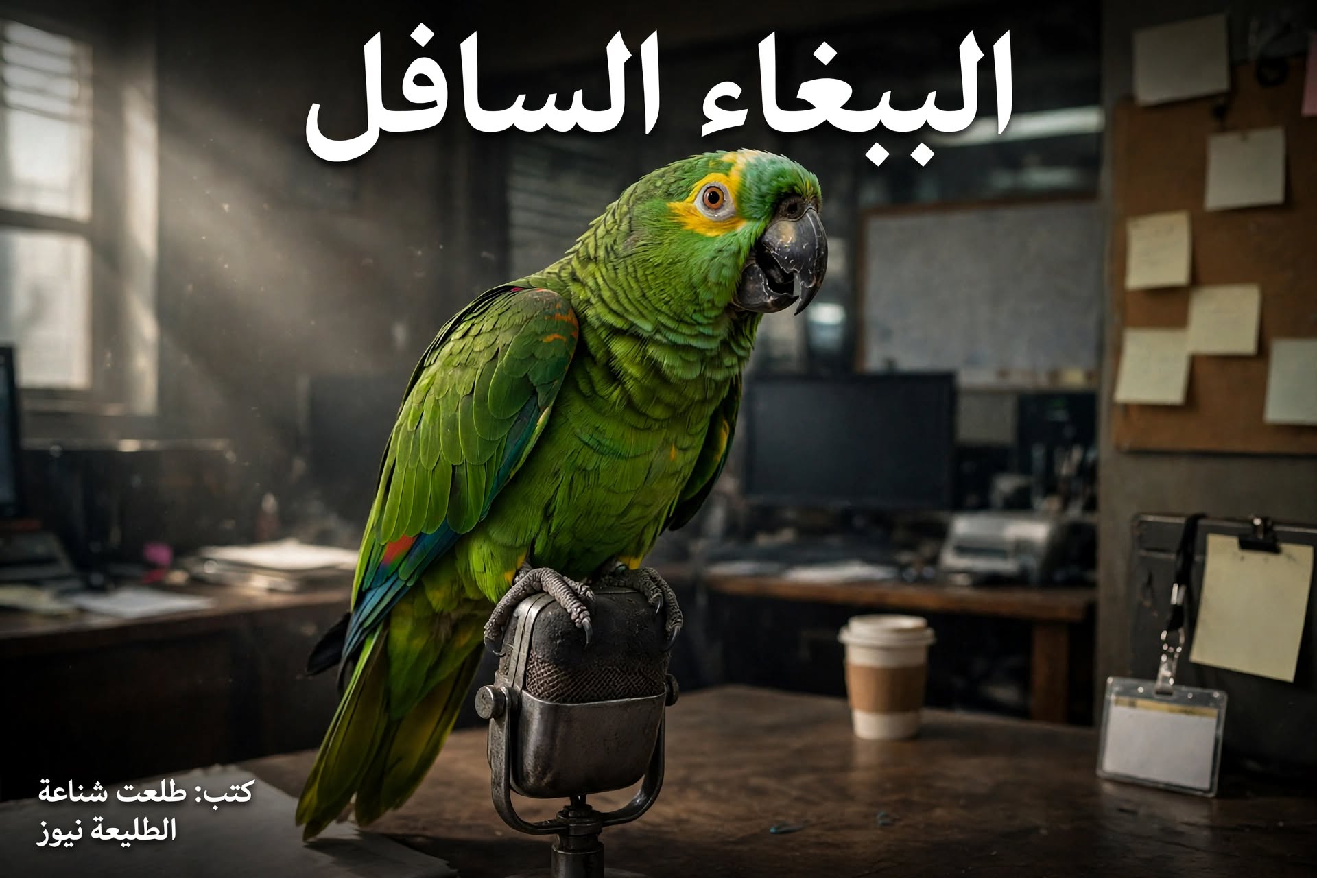ببغاء أخضر بعيون صفراء يقف على ميكروفون قديم فوق مكتب خشبي ومكتب فوضوي خلفه