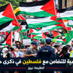 مظاهرة شعبية ضمن حملة التضامن مع فلسطين رفعت فيها الأعلام الفلسطينية في ذكرى حرب غزة