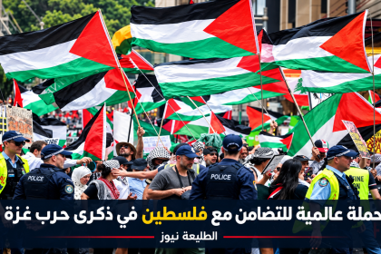 مظاهرة شعبية ضمن حملة التضامن مع فلسطين رفعت فيها الأعلام الفلسطينية في ذكرى حرب غزة