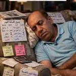 بين الصاحي والغفيان رجل نائم على أريكة متهالكة تحيط به أوراق جدول أقساط النوم وفواتير ومنبه