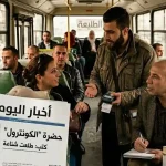صورة داخل باص يظهر فيها الكاتب يكتب مقالاً وإلى جانبه محصل التذاكر بأسلوب واقعي.