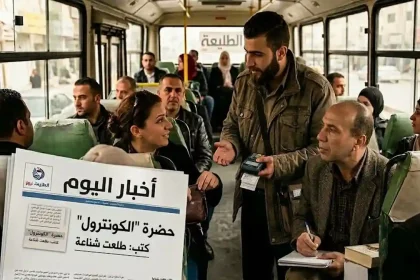 صورة داخل باص يظهر فيها الكاتب يكتب مقالاً وإلى جانبه محصل التذاكر بأسلوب واقعي.