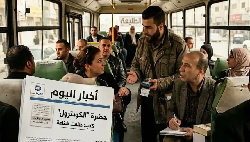 صورة داخل باص يظهر فيها الكاتب يكتب مقالاً وإلى جانبه محصل التذاكر بأسلوب واقعي.