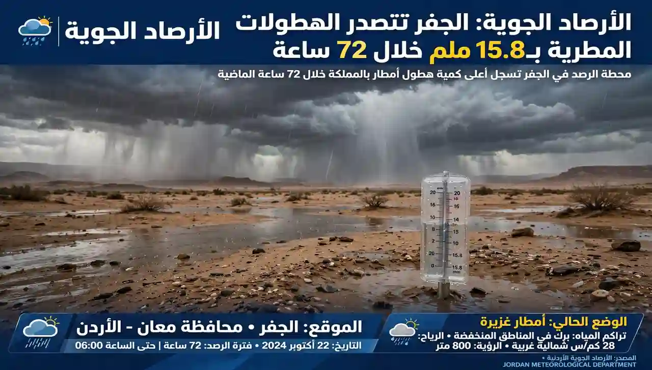 هطولات الأمطار في الجفر تسجل 15.8 ملم متصدرة المملكة وسط حالة عدم الاستقرار الجوي.