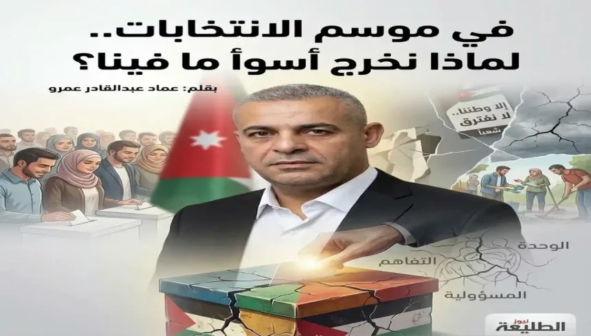 صورة مقسمة: تظهر رجل أردني، حشد يصوت، وصورة ملصق ممزق وناس يعملون معاً.