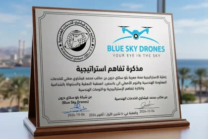 توقيع مذكرة تفاهم لاستخدام طائرات مسيرة بالعقبة بين شركة بلو سكاي درون ومكتب قيشاوي للخدمات الهندسية