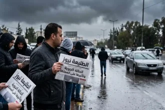 رجل في المقدمة يحمل صحيفة "الطليعة نيوز" وعنوانها "الحالة الجوية وتأثيرها على المملكة" في شارع ممطر.