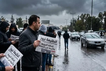 رجل في المقدمة يحمل صحيفة "الطليعة نيوز" وعنوانها "الحالة الجوية وتأثيرها على المملكة" في شارع ممطر.