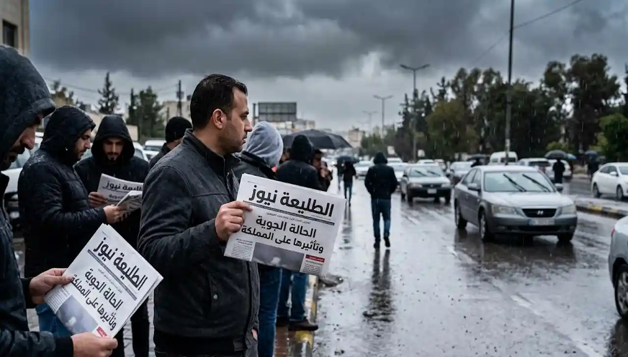 رجل في المقدمة يحمل صحيفة "الطليعة نيوز" وعنوانها "الحالة الجوية وتأثيرها على المملكة" في شارع ممطر.