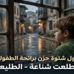 طفل ينظر من نافذة خشبية مبللة إلى حارة عمانية قديمة ماطرة يجسد حزن أول شتوة برائحة الطفولة