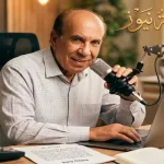 الكاتب طلعت شناعة أمام الميكروفون في أستوديو الطليعة نيوز