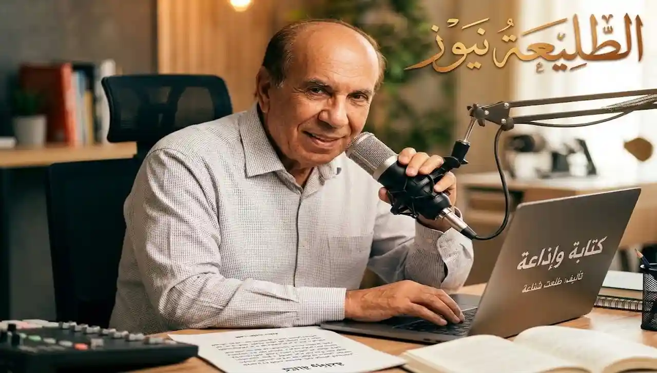 الكاتب طلعت شناعة أمام الميكروفون في أستوديو الطليعة نيوز
