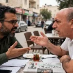 رجلان يتناقشان بحدة وكل منهما متمسك برأيه بعناد في مشهد واقعي يجسد معنى المجاكرة على طاولة مقهى