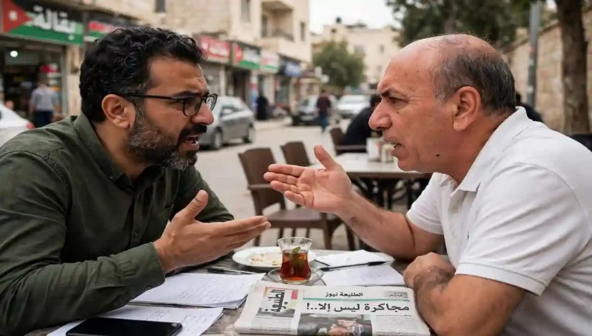 رجلان يتناقشان بحدة وكل منهما متمسك برأيه بعناد في مشهد واقعي يجسد معنى المجاكرة على طاولة مقهى