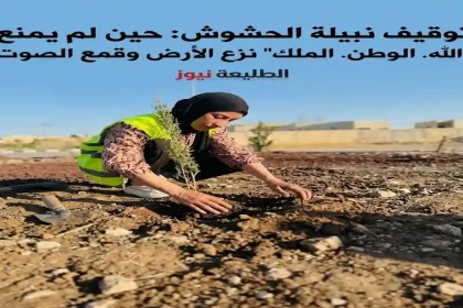 امرأة بحجاب وسترة أمان تزرع شتلة في أرض جافة، مجرفة بجانبها.